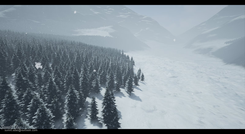Material that automatically covers the land with snow and places random trees based on designer's input